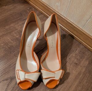 Casadei  d'Orsay Cream and Orange Bow Peep Toe Heels